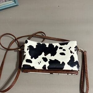 Chic Cow Print Crossbody Bag with Brown Trim